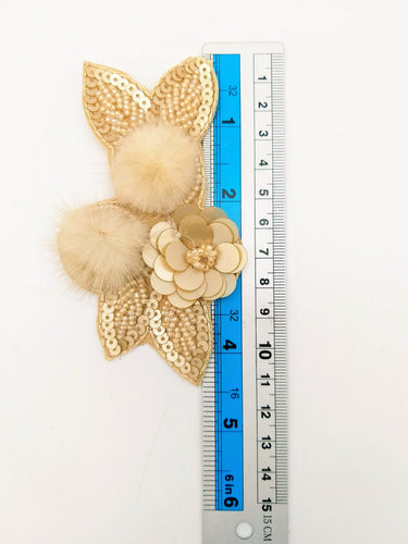Beige Hand Embroidered Floral Applique, Beaded and Sequins Applique